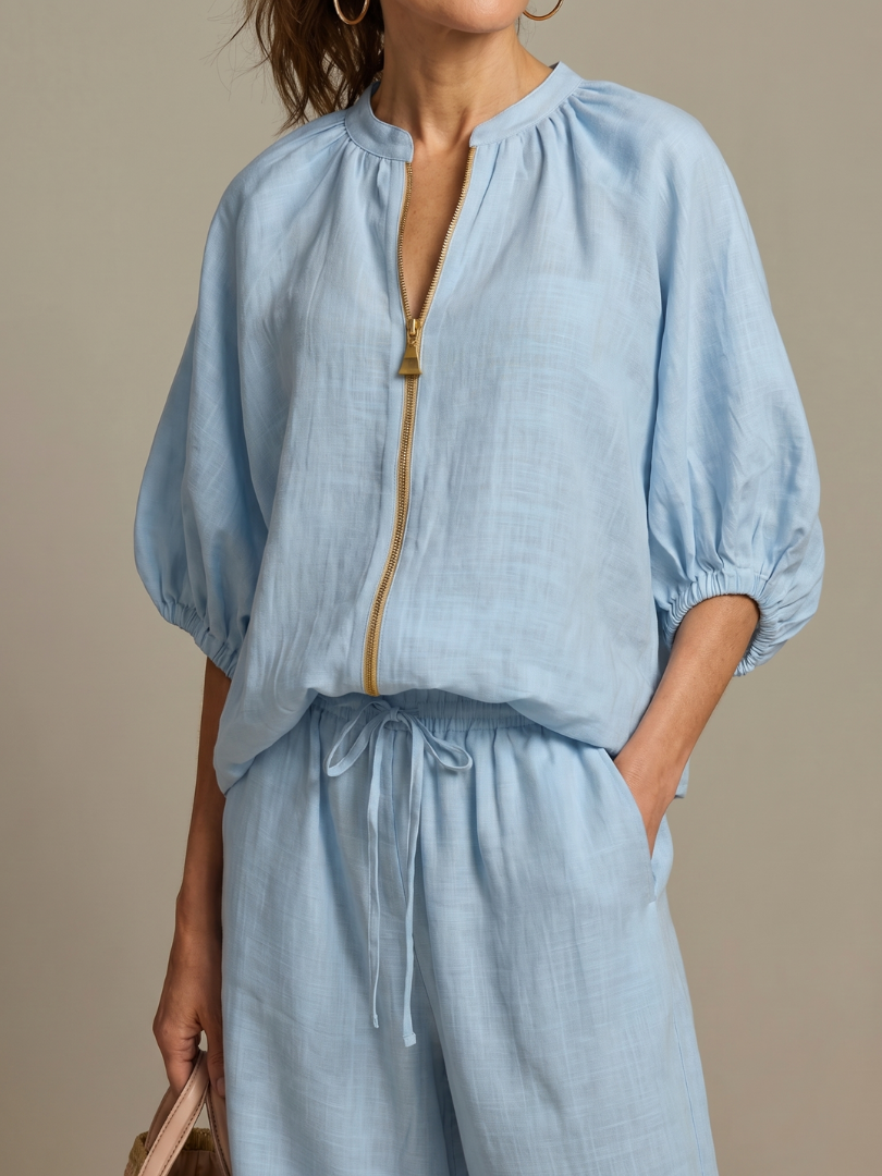 Natalia | Top blusón con cremallera frontal y conjunto de pantalón de pierna ancha