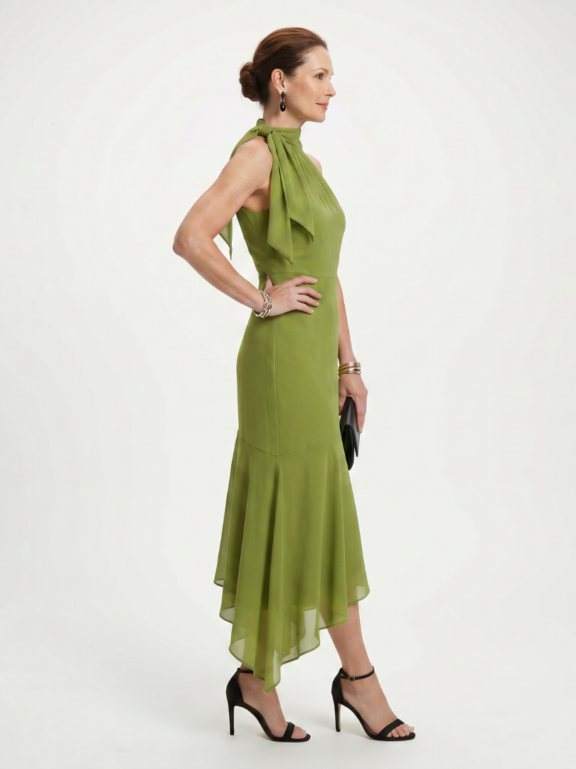 Winifred | Vestido midi drapeado con cuello halter y escote con recorte