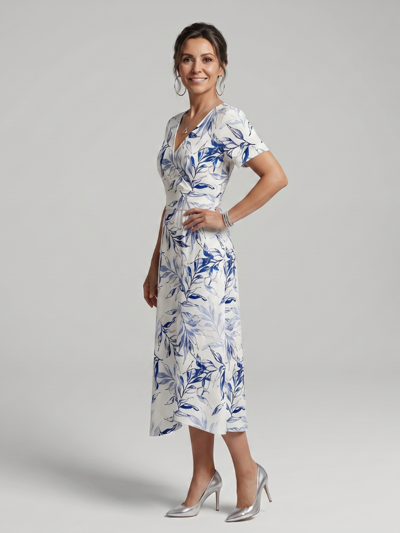 Kael | Vestido midi con escote en V y estampado botánico suave