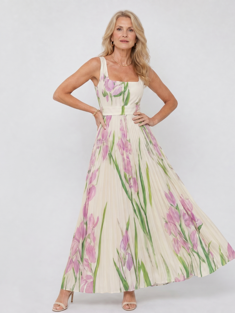 Vimele | Vestido midi plisado sin mangas con escote cuadrado