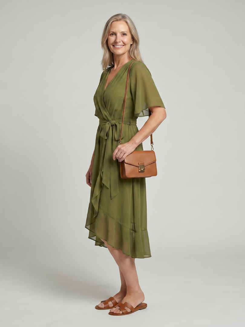 Keziah | Vestido midi envolvente de mangas cortas con dobladillo suave y fluido