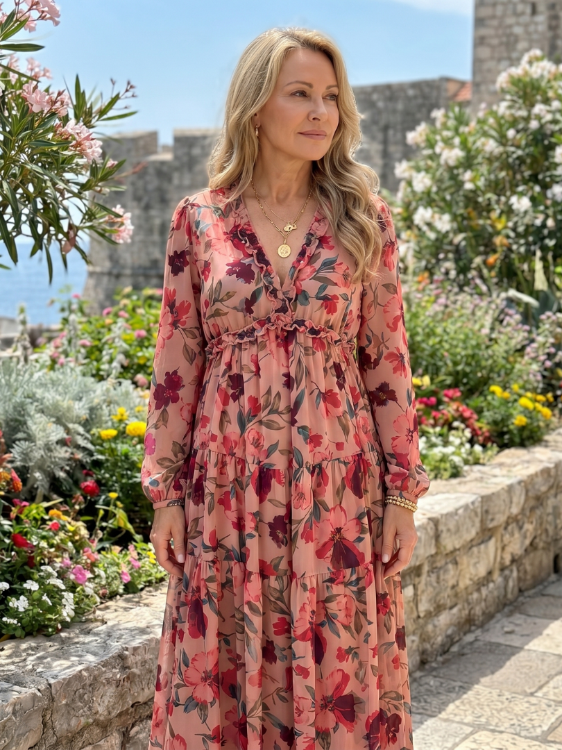 Camelo | Vestido maxi de manga larga con estampado floral en capas