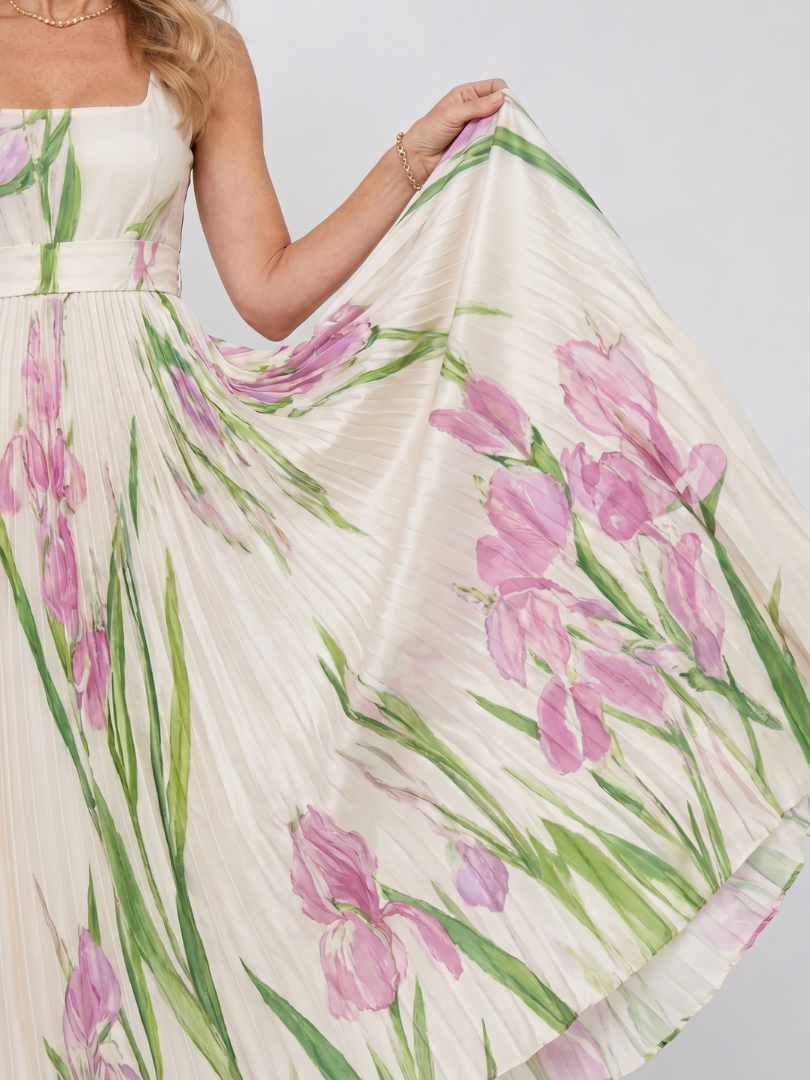 Vimele | Vestido midi plisado sin mangas con escote cuadrado