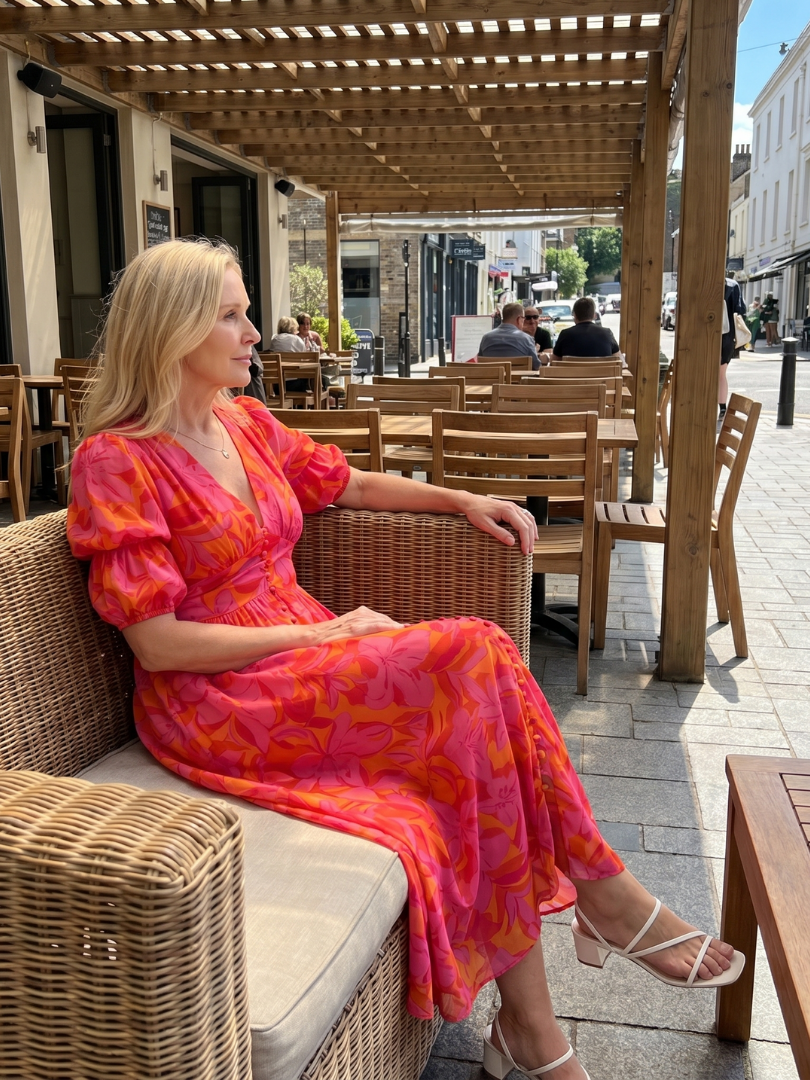Zarelle | Vestido midi con manga abullonada y escote en V, estampado floral audaz