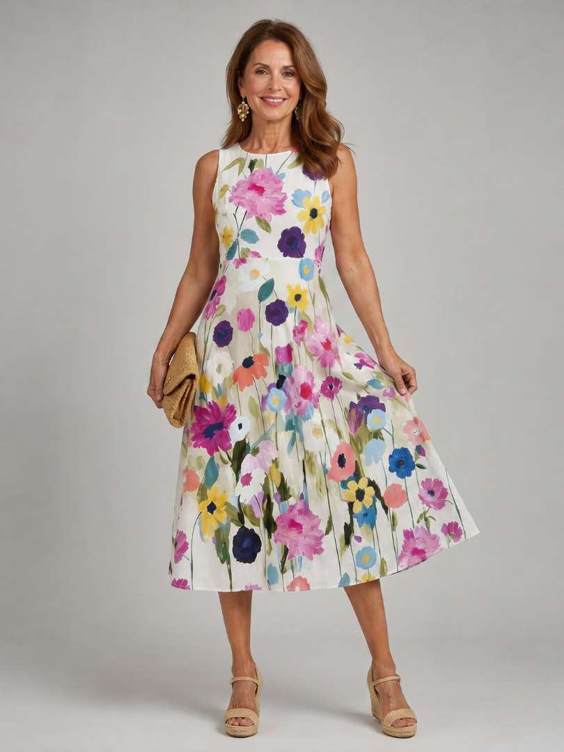 Flory | Vestido midi sin mangas de cuello redondo con estampado floral