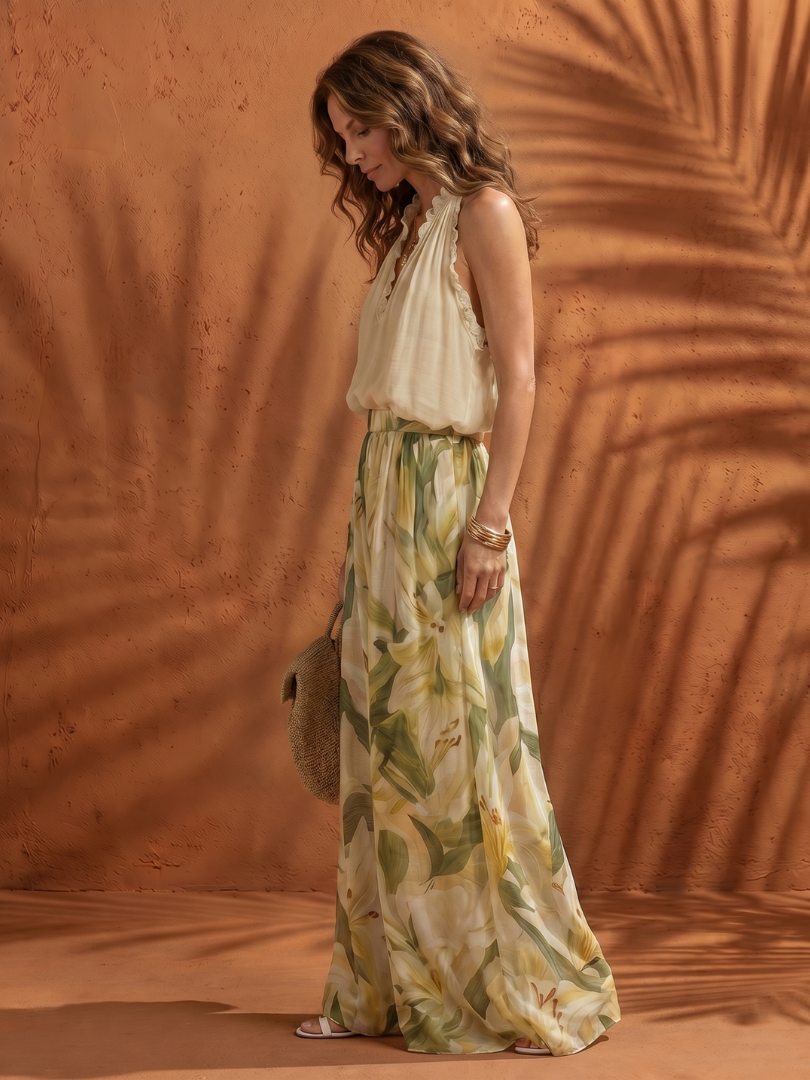 Solange | Blusa de cuello halter floral y pantalón de pierna ancha