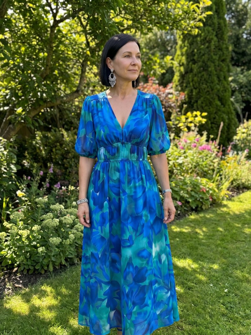 Candlia | Vestido midi estampado abstracto con mangas abullonadas y escote en V