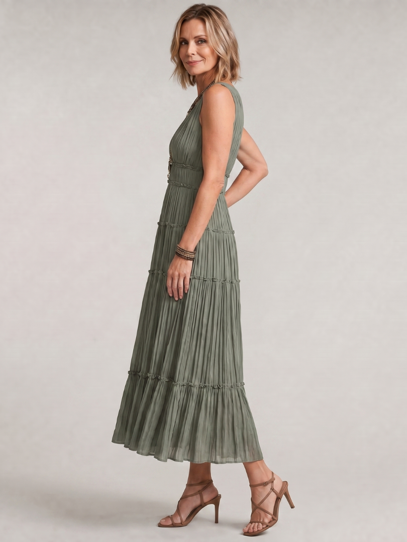 Somala | Vestido midi plisado sin mangas con escote en V y en capas