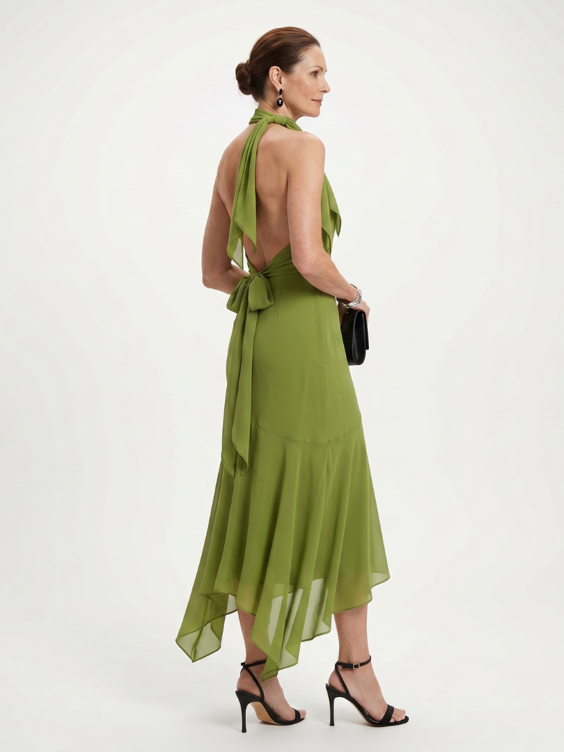 Winifred | Vestido midi drapeado con cuello halter y escote con recorte