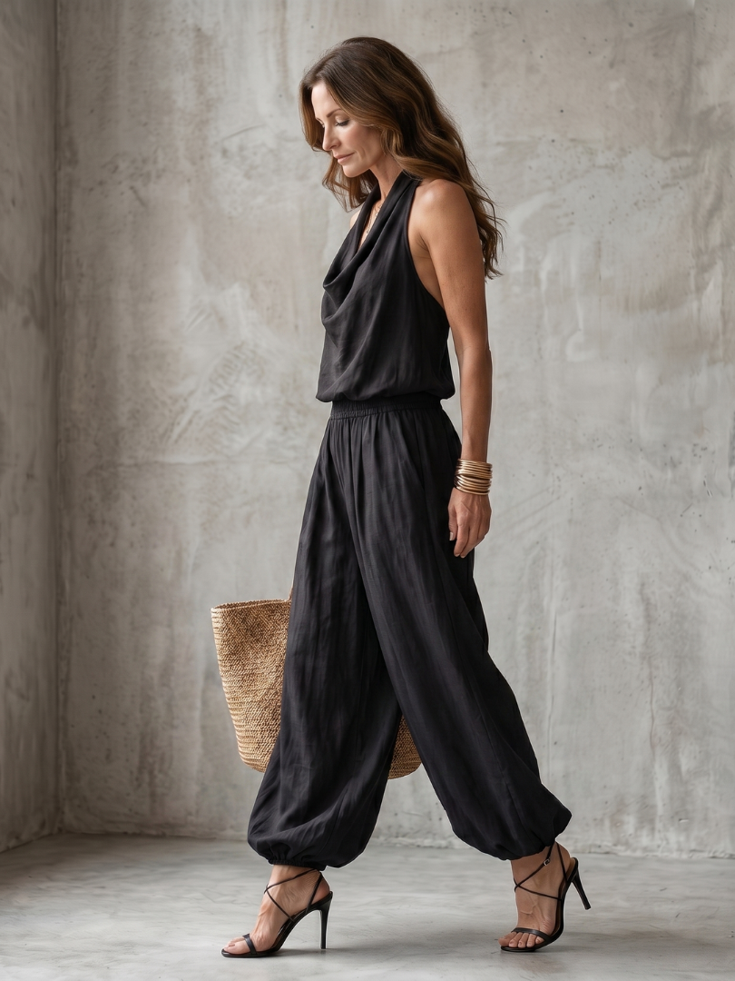 Yvaine | Conjunto de top fluido con cuello drapeado y pantalones de pierna ancha
