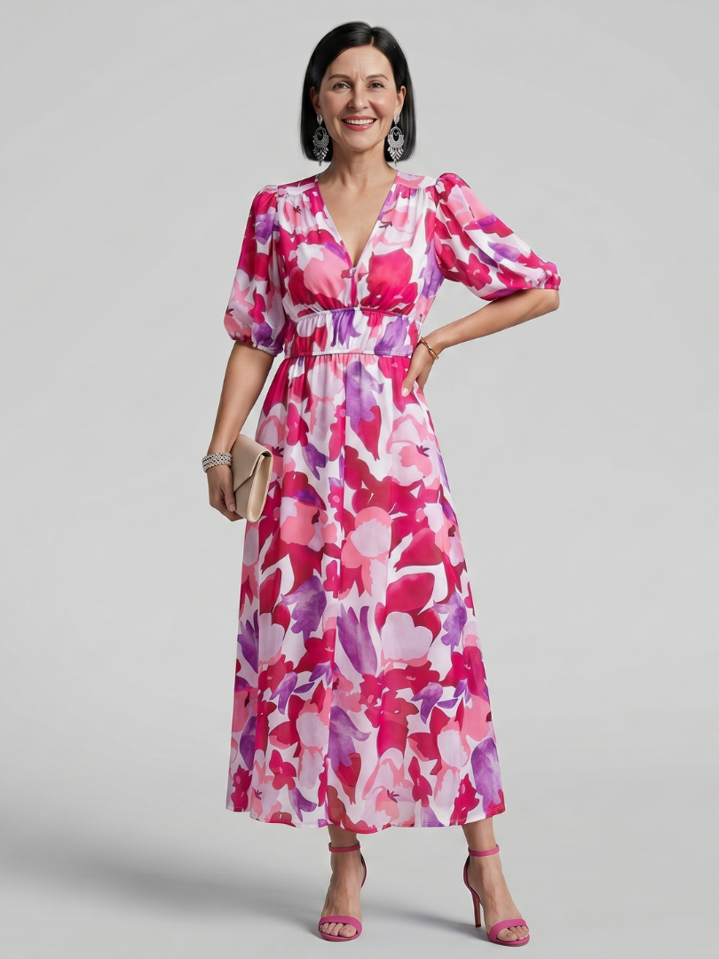 Candlia | Vestido midi estampado abstracto con mangas abullonadas y escote en V