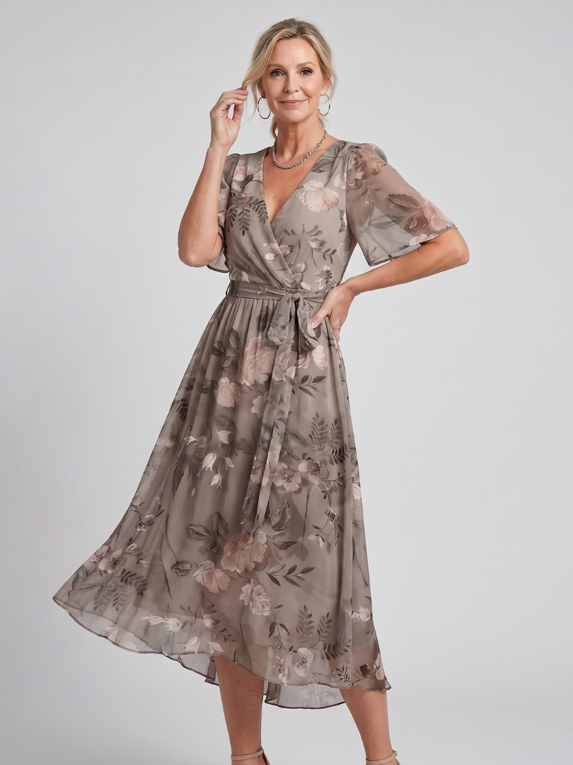 Mirabel | Vestido midi con manga volante, cintura fruncida y estampado floral