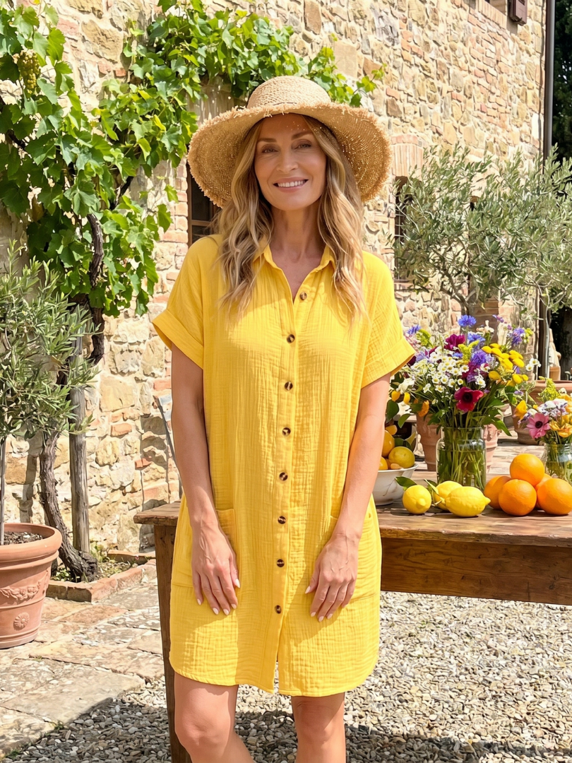 Linon | Vestido de largo midi con bolsillos delanteros y manga corta