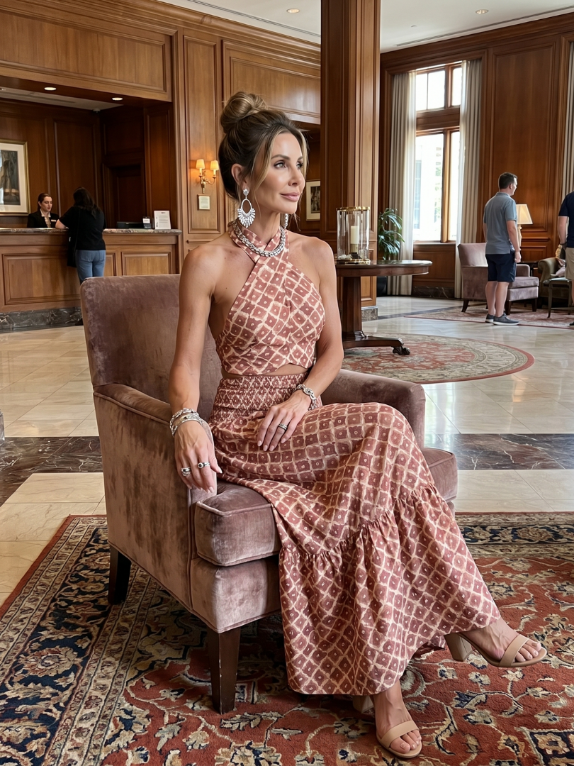 Amira | Vestido midi con recortes y cuello halter cruzado de estampado geométrico