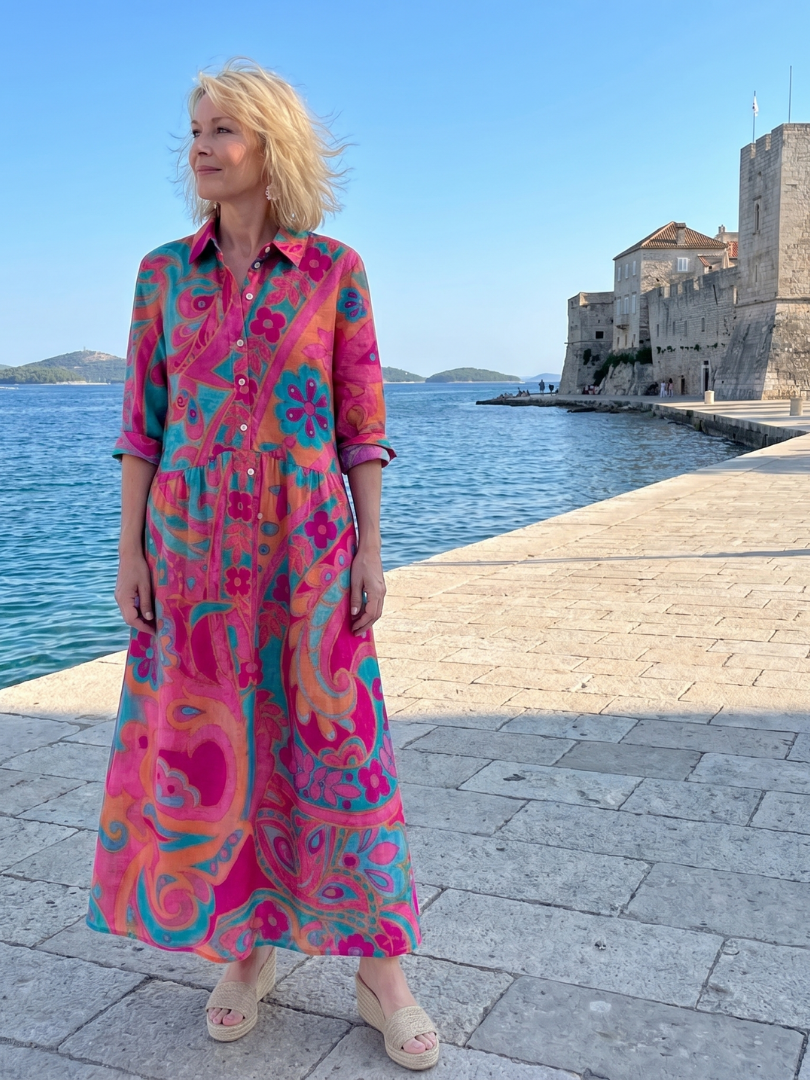 Klera | Vestido midi estampado con cuello y botones delanteros