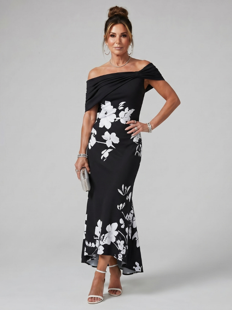 Cosma | Vestido midi de hombros al descubierto con escote drapeado