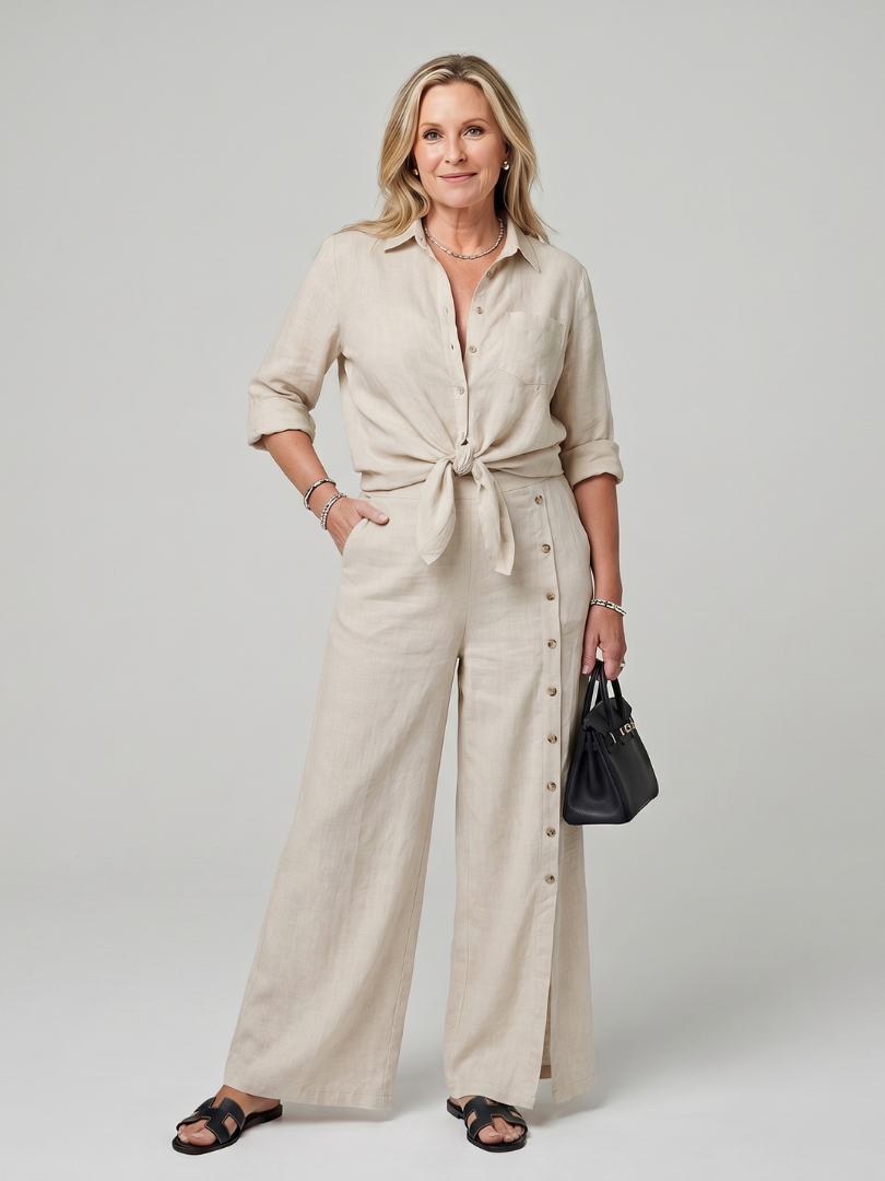 Maddelina | Conjunto de blusa de manga larga con lazo en la parte delantera y pantalones de pierna ancha