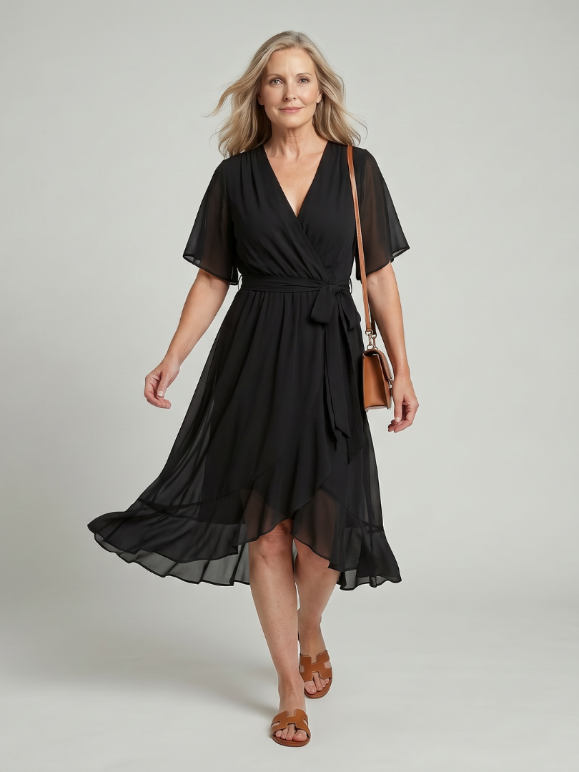 Keziah | Vestido midi envolvente de mangas cortas con dobladillo suave y fluido