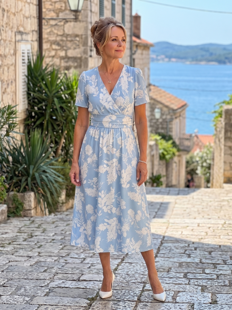 Marion | Vestido midi de manga corta con escote en V y estampado floral