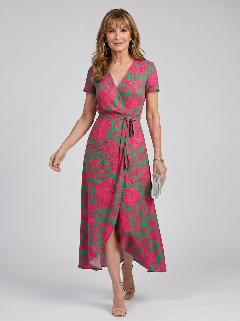Priya | Vestido midi cruzado de manga corta con estampado floral