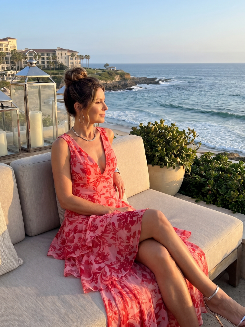 Gala | Vestido midi sin mangas con escote en V profundo y estampado pictórico