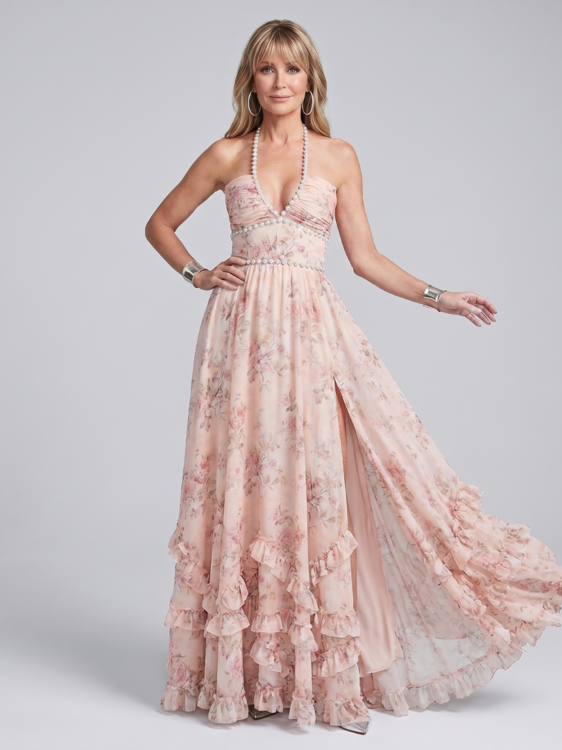 Alessia | Vestido maxi con escote haltero, estampado floral y tirantes de cuentas