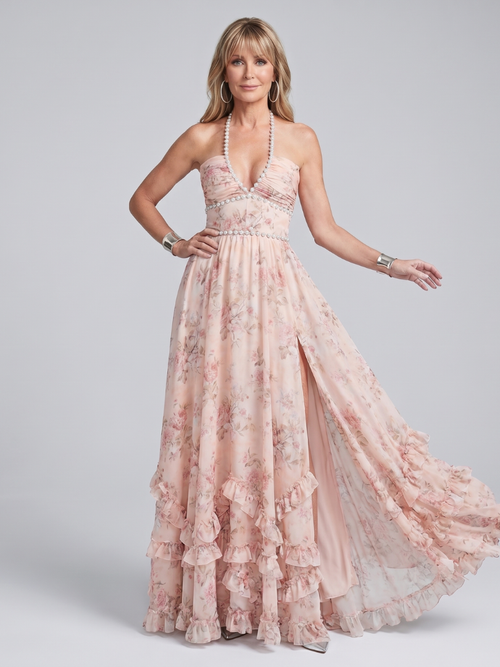Alessia | Vestido maxi con escote haltero, estampado floral y tirantes de cuentas