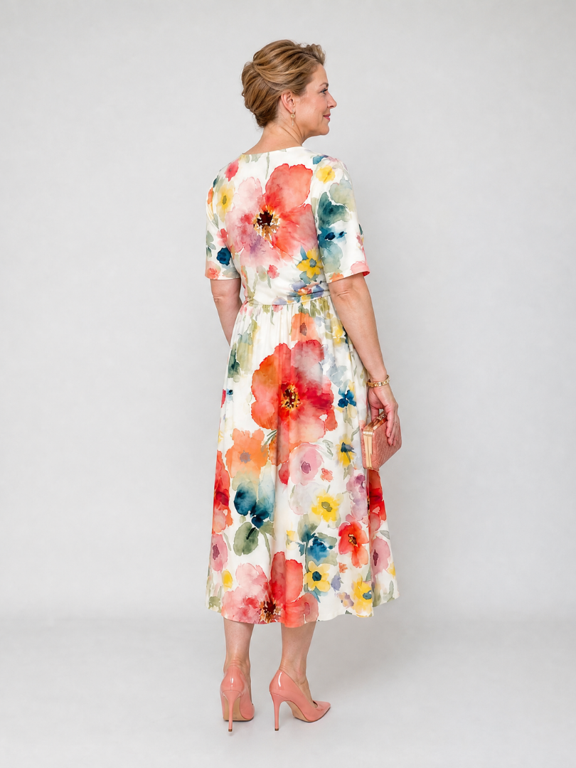 Corinne | Vestido midi estampado floral de manga corta con escote en V