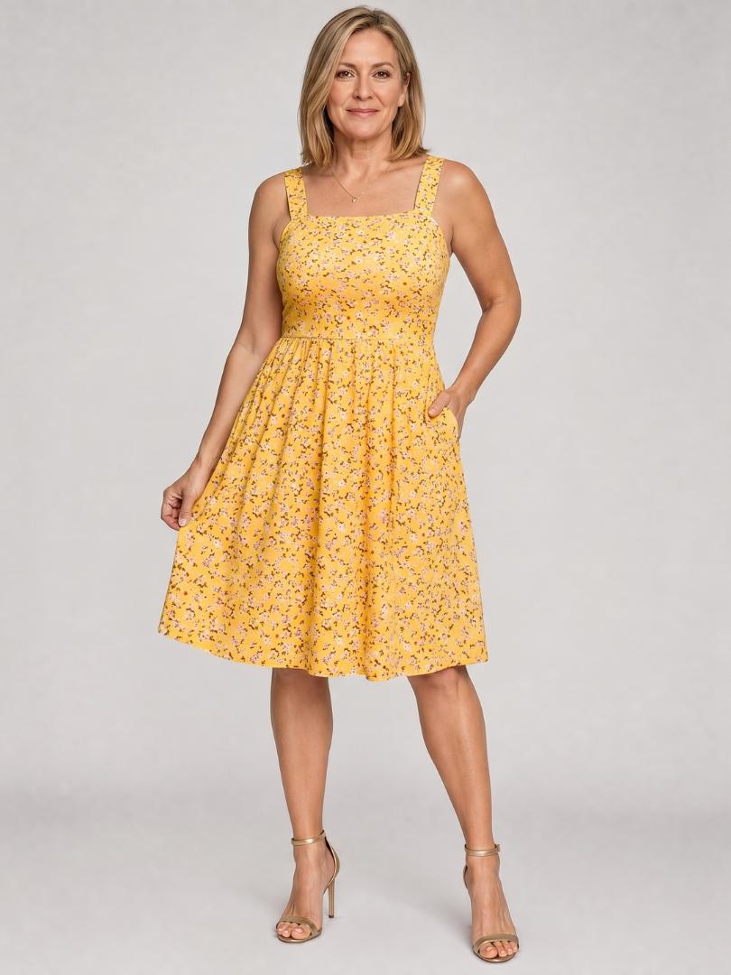 Leneva | Vestido de largo midi con escote cuadrado y estampado floral