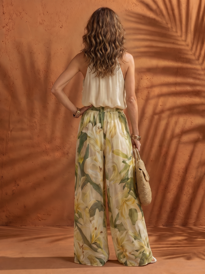 Solange | Blusa de cuello halter floral y pantalón de pierna ancha