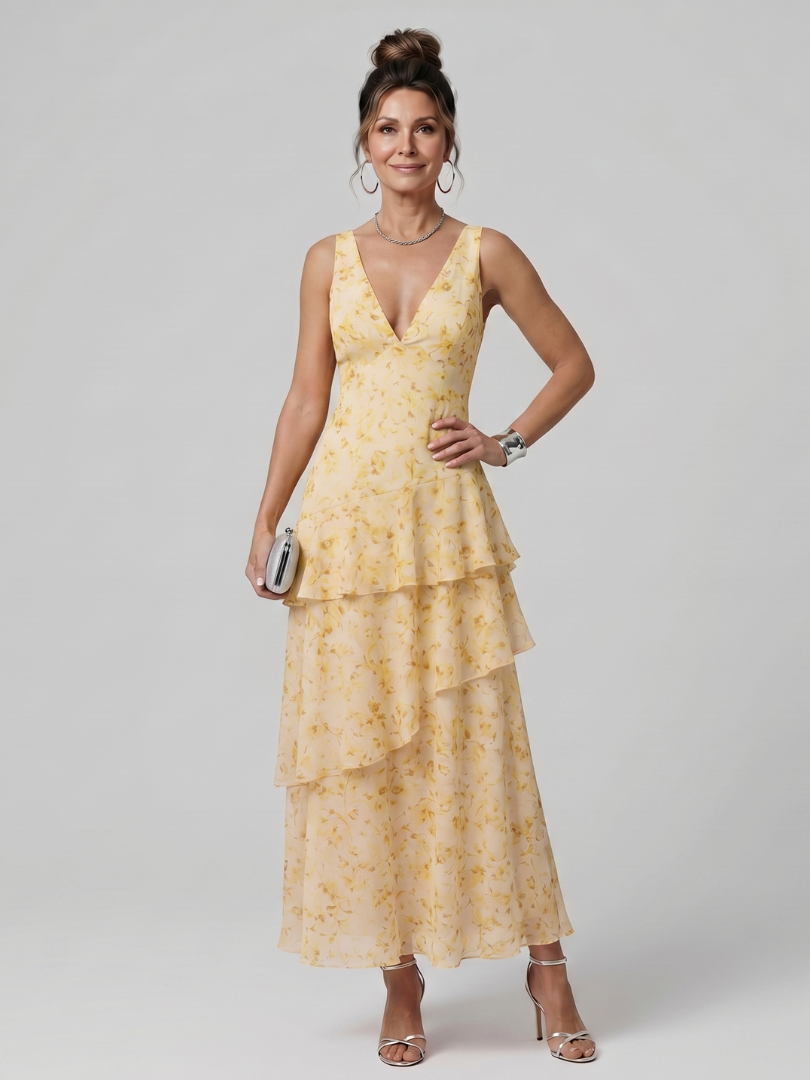 Gala | Vestido midi sin mangas con escote en V profundo y estampado pictórico