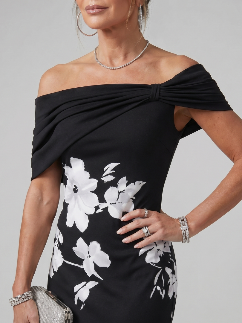 Cosma | Vestido midi de hombros al descubierto con escote drapeado