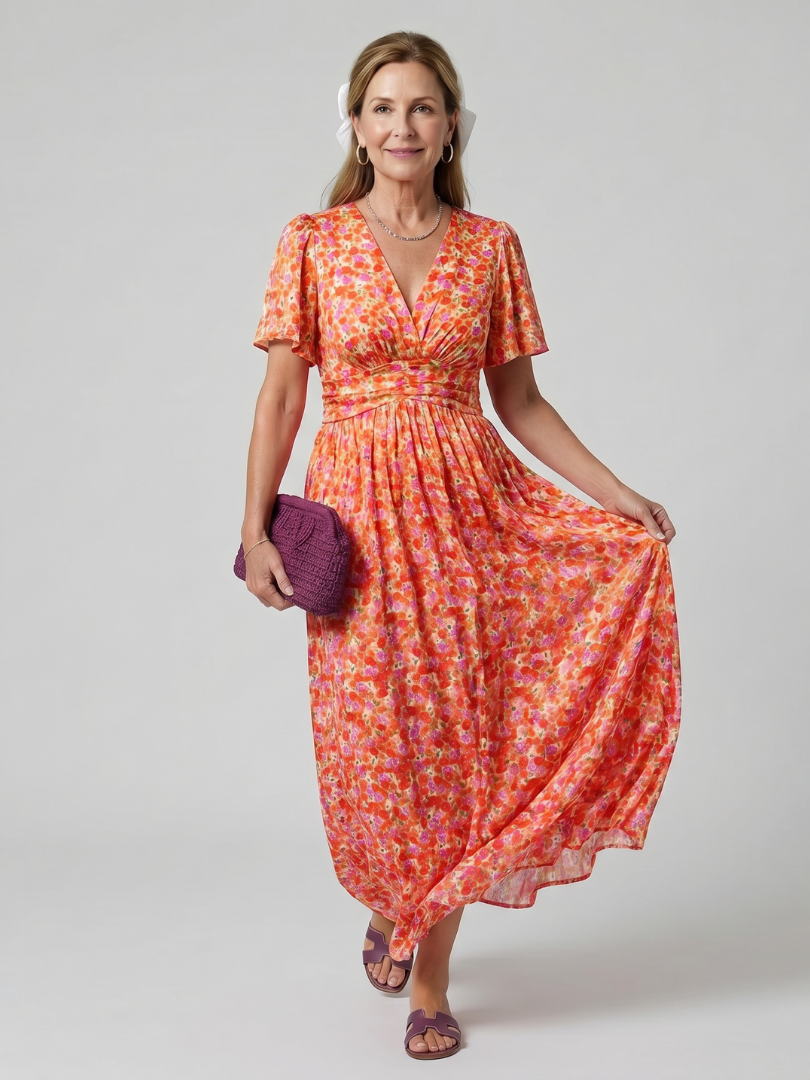 Juna | Vestido midi de manga corta con estampado floral diminuto