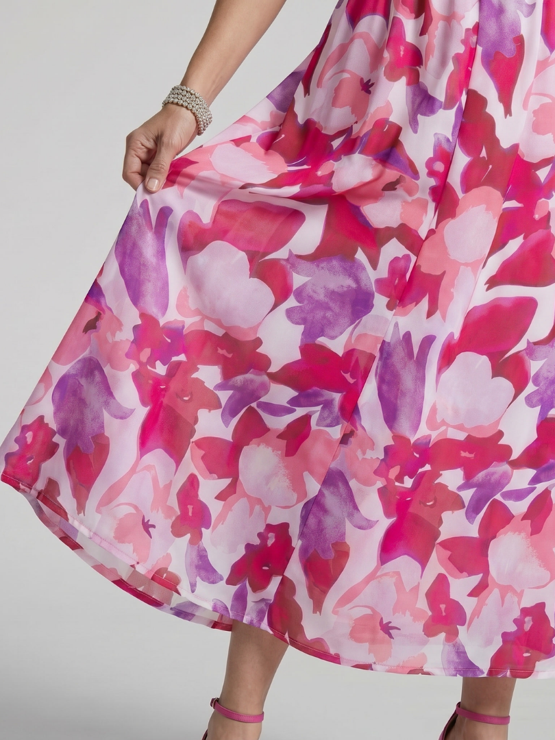 Candlia | Vestido midi estampado abstracto con mangas abullonadas y escote en V