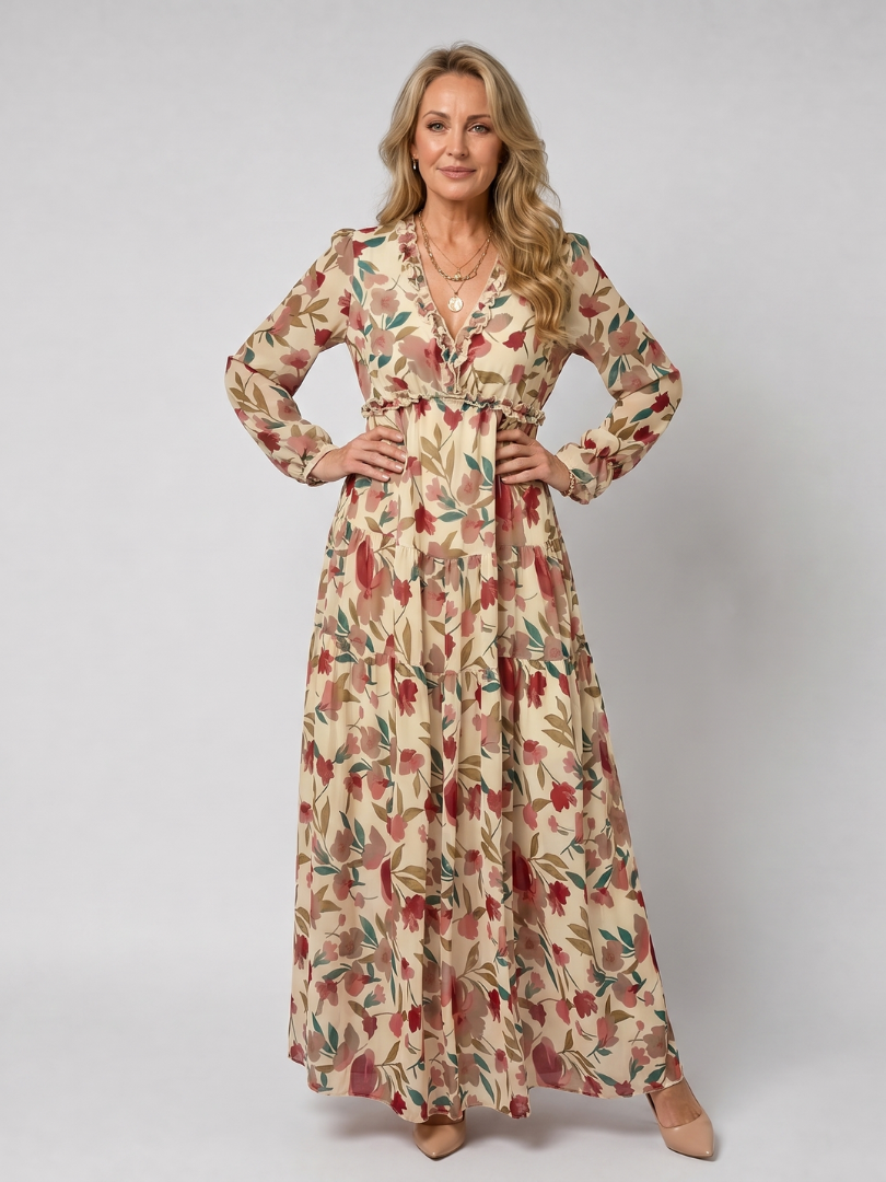 Camelo | Vestido maxi de manga larga con estampado floral en capas
