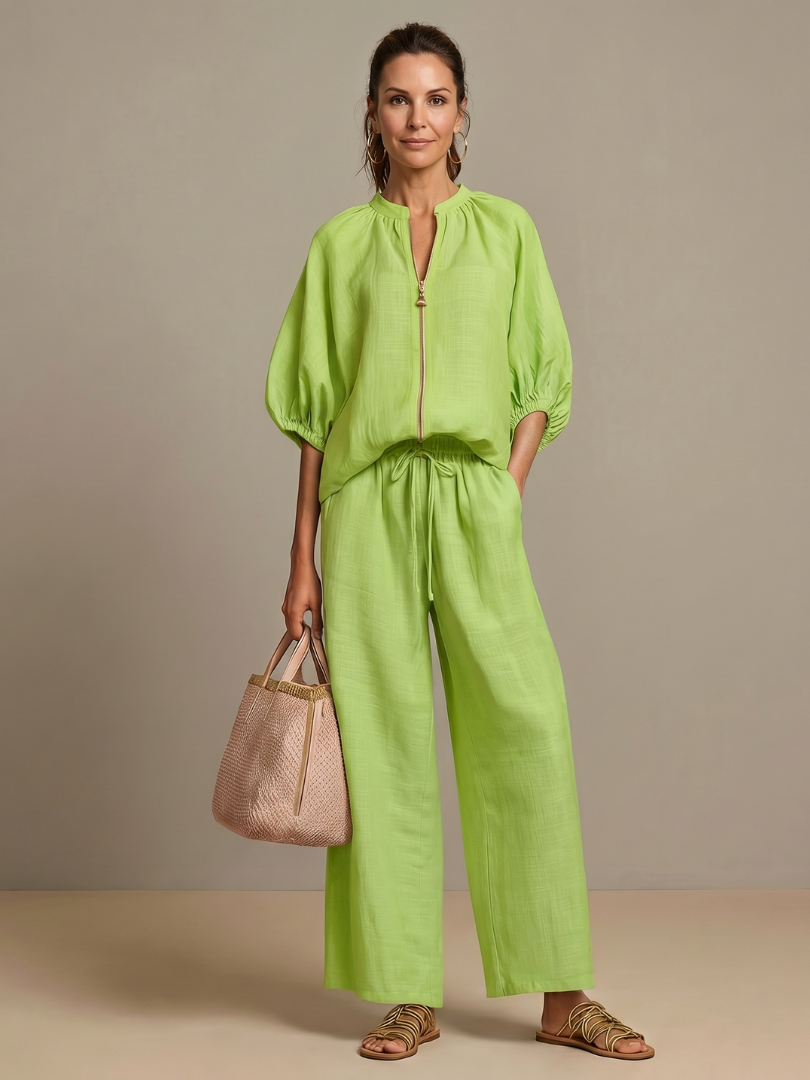 Natalia | Top blusón con cremallera frontal y conjunto de pantalón de pierna ancha