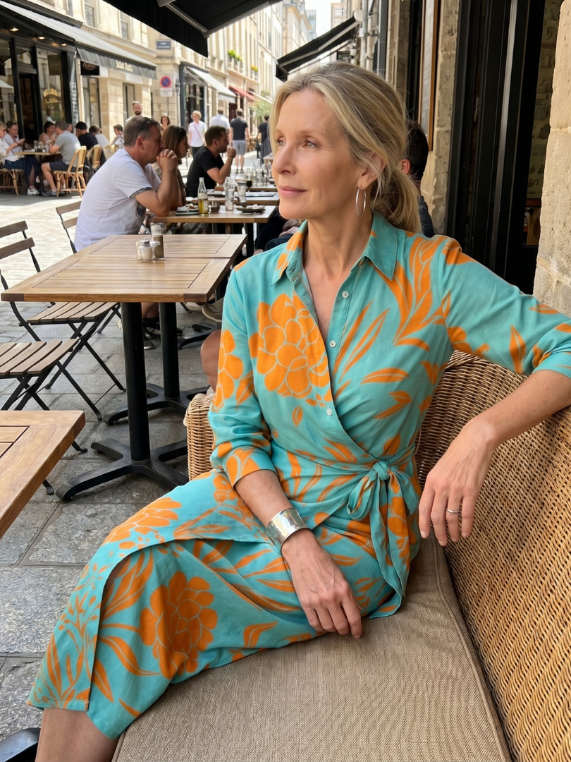 Leya | Vestido midi cruzado de manga larga con cuello y patrón de rayas