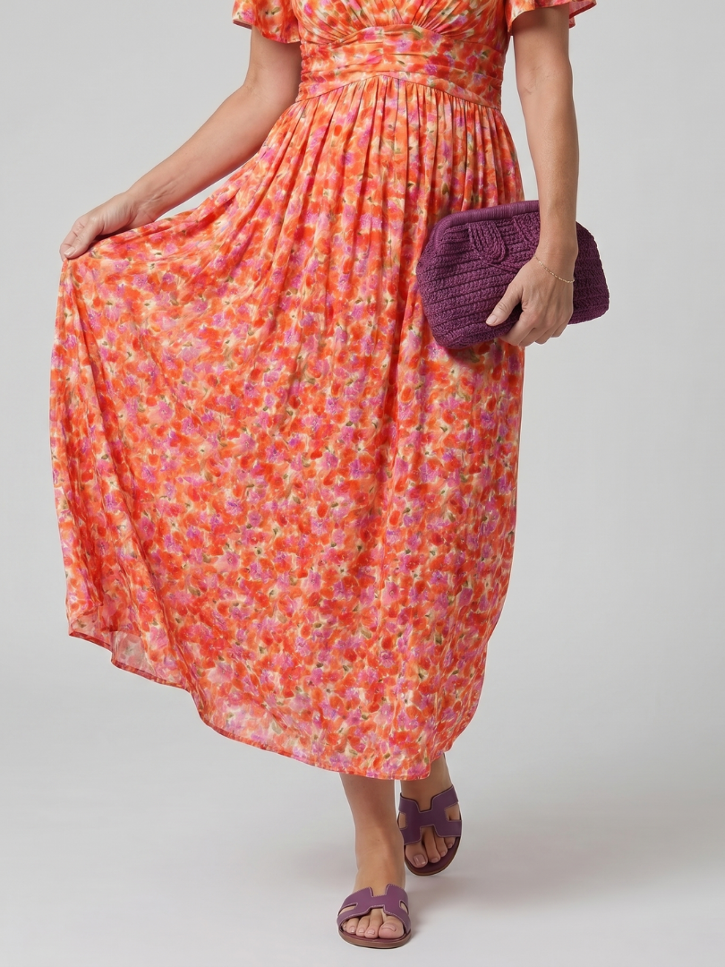 Juna | Vestido midi de manga corta con estampado floral diminuto