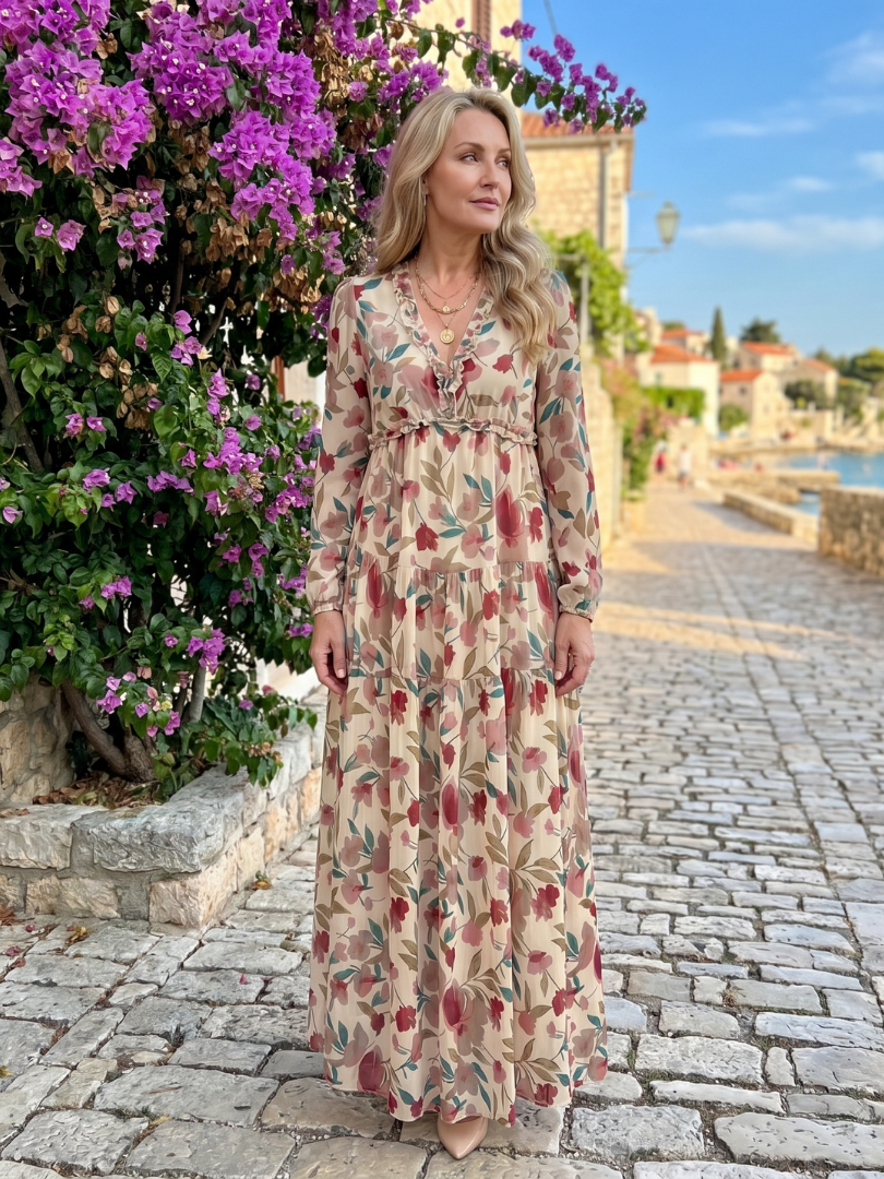 Camelo | Vestido maxi de manga larga con estampado floral en capas