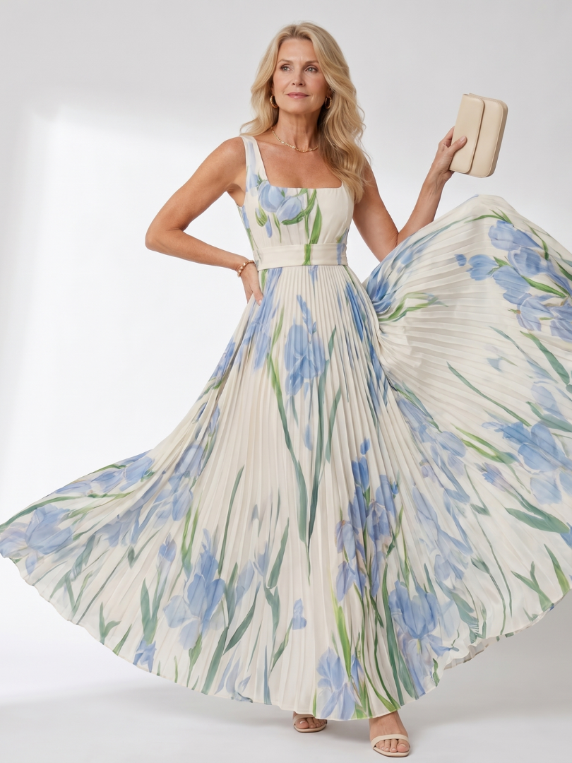Vimele | Vestido midi plisado sin mangas con escote cuadrado