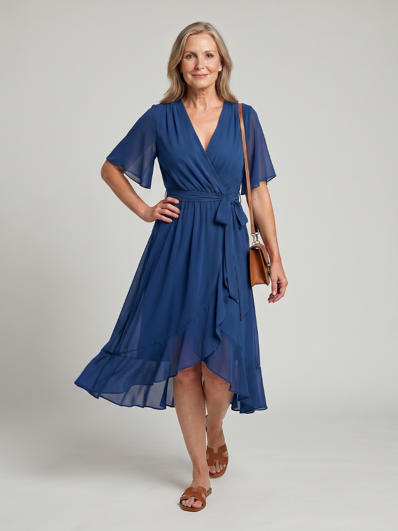 Keziah | Vestido midi envolvente de mangas cortas con dobladillo suave y fluido