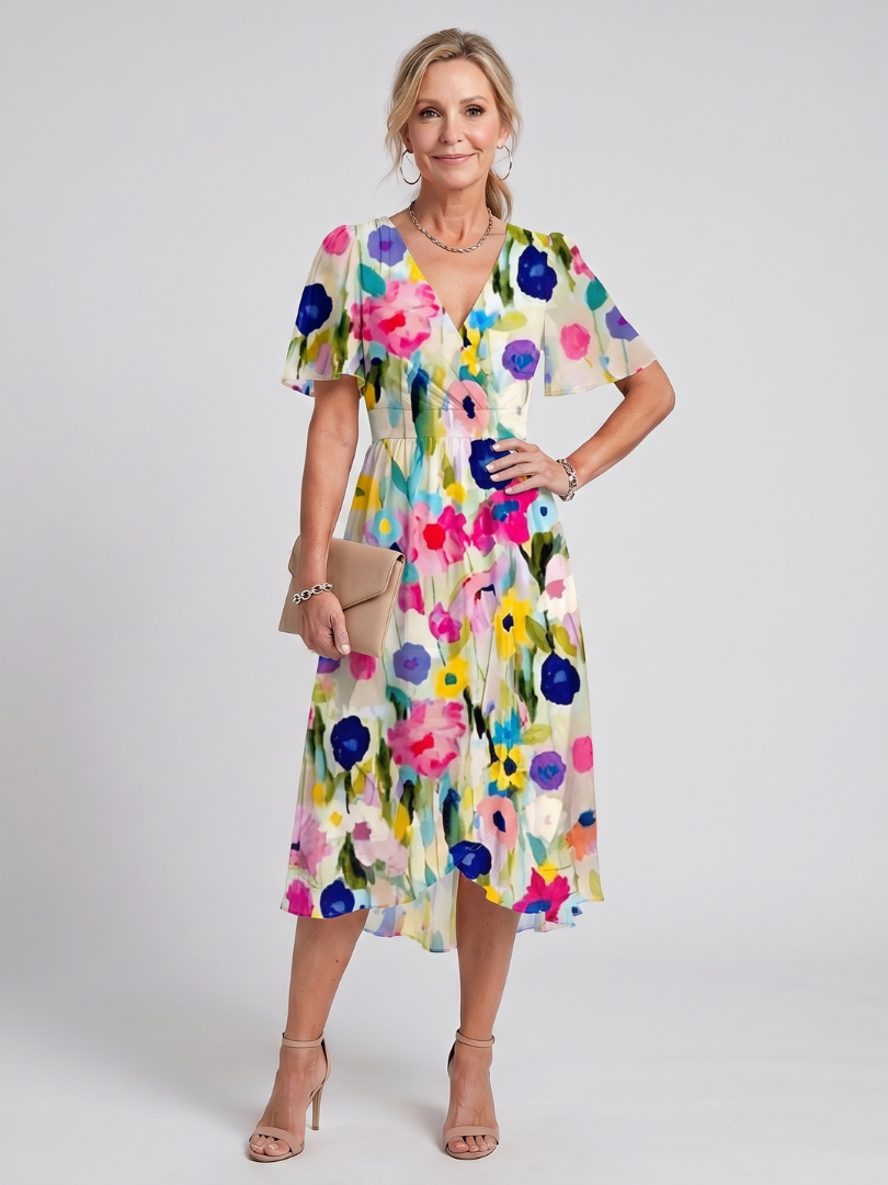 Mirabel | Vestido midi con manga volante, cintura fruncida y estampado floral