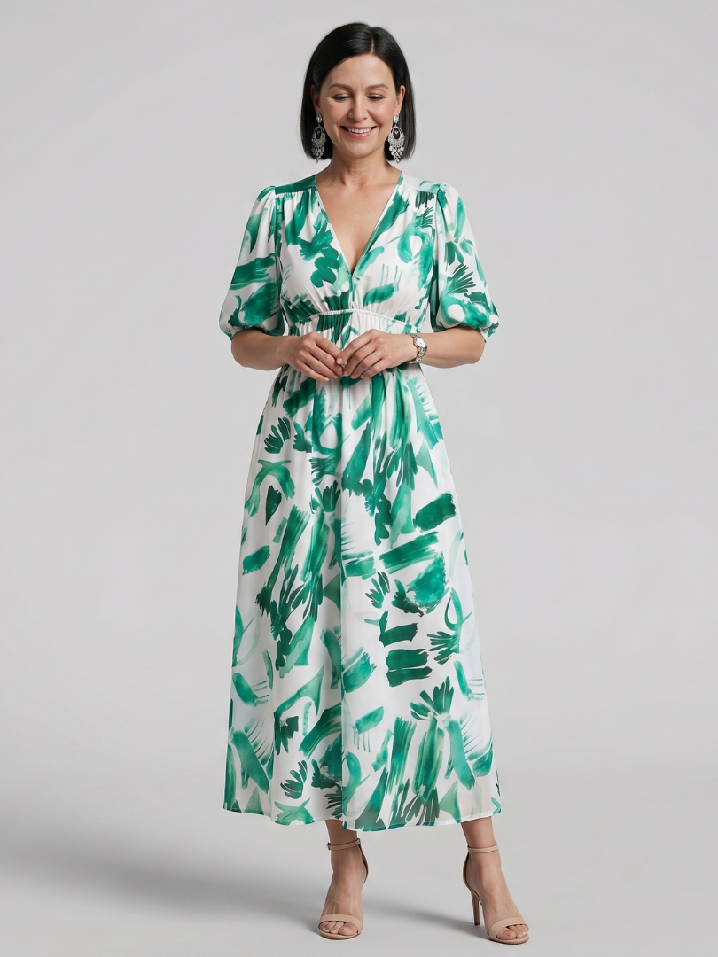 Candlia | Vestido midi estampado abstracto con mangas abullonadas y escote en V