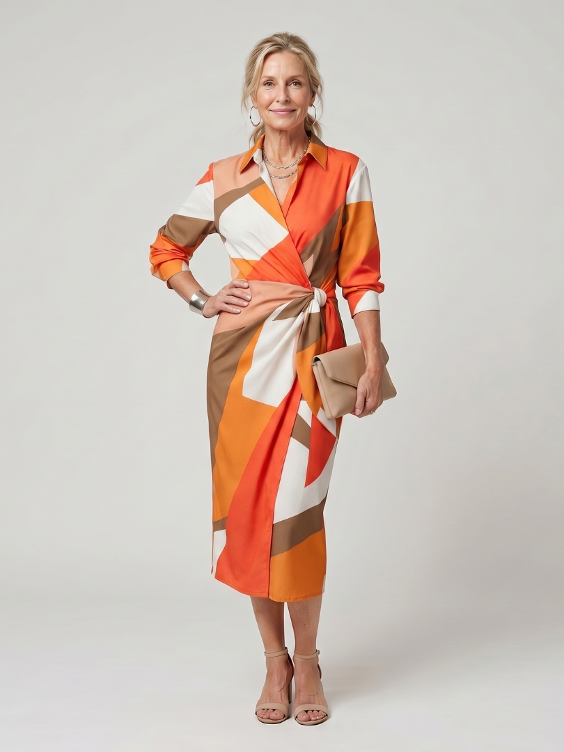 Leya | Vestido midi cruzado de manga larga con cuello y patrón de rayas