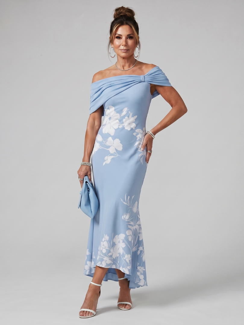 Cosma | Vestido midi de hombros al descubierto con escote drapeado