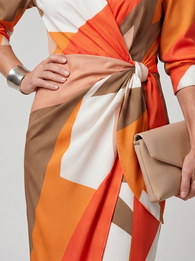 Leya | Vestido midi cruzado de manga larga con cuello y patrón de rayas