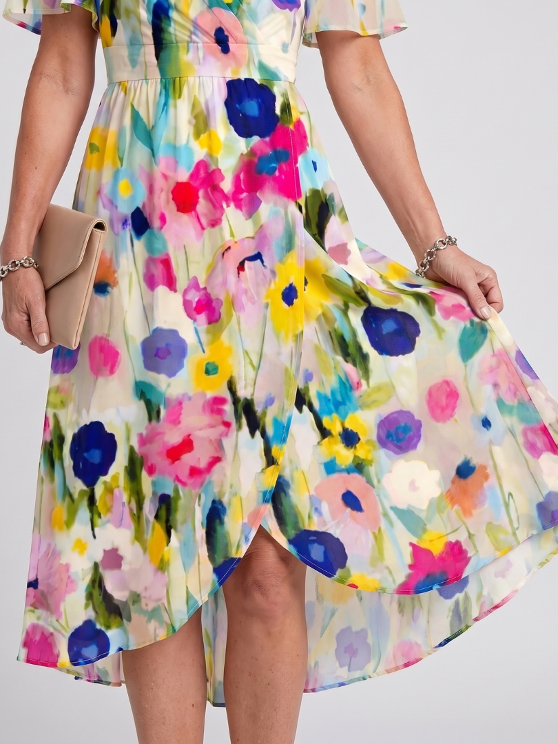 Mirabel | Vestido midi con manga volante, cintura fruncida y estampado floral