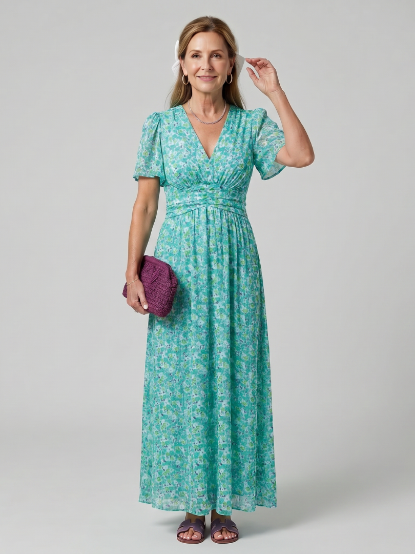 Juna | Vestido midi de manga corta con estampado floral diminuto