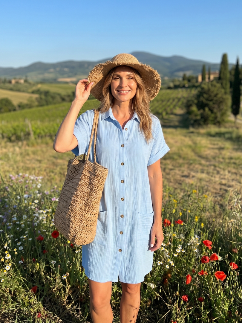 Linon | Vestido de largo midi con bolsillos delanteros y manga corta