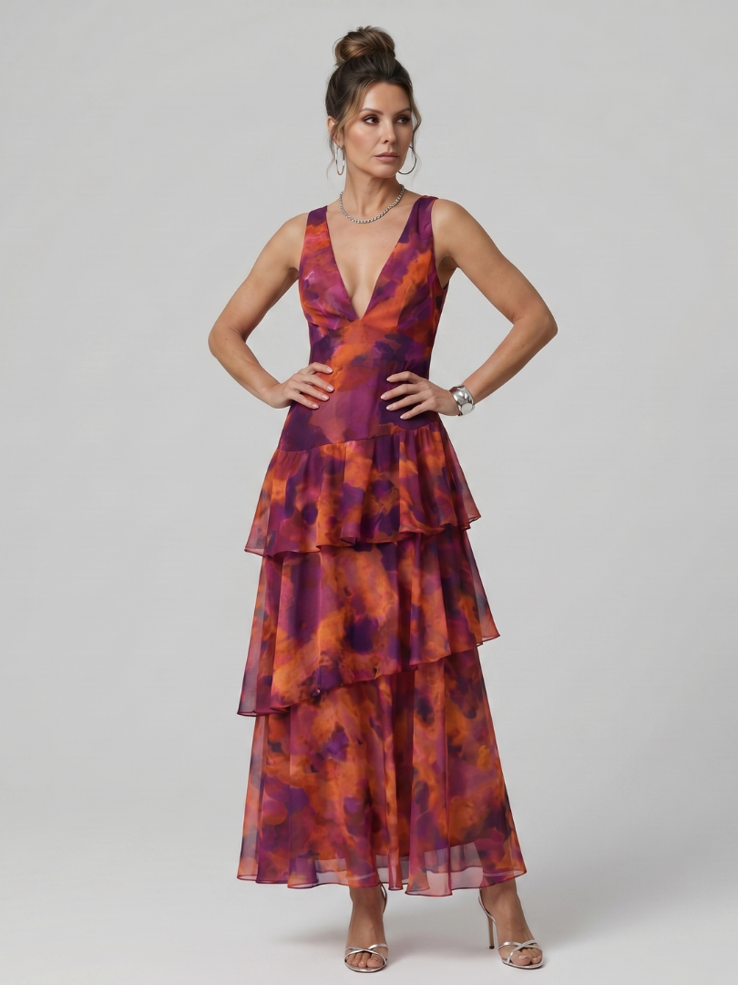Gala | Vestido midi sin mangas con escote en V profundo y estampado pictórico